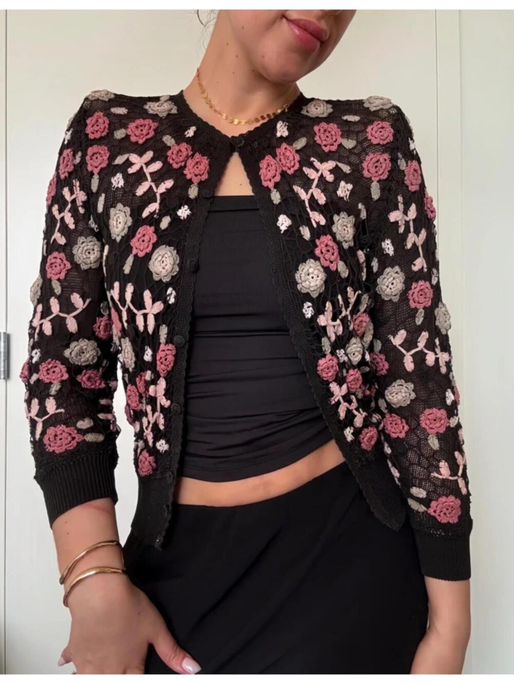 Vintage black floral embroidered mesh cardigan sheer rose y2k fairycore boho